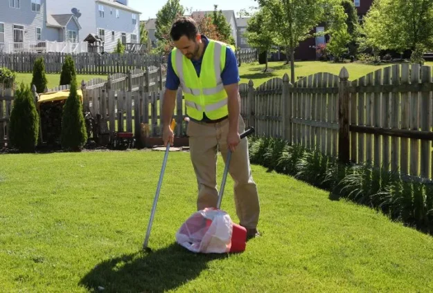 Pet Butler poop scooping professional removing dog poop from a backyard using a rake and a bucket.